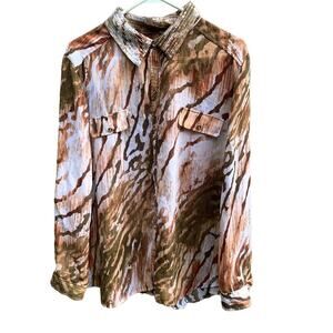 Chico's Orange Print Long Sleeve Shirt Sequin Collar Blouse Chicos 3 /Size Large